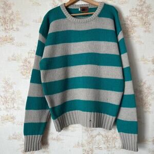 Vtg 90s Boston Traders Heavy Wool Sweater | Grey & Teal Stripe Thrashed | L